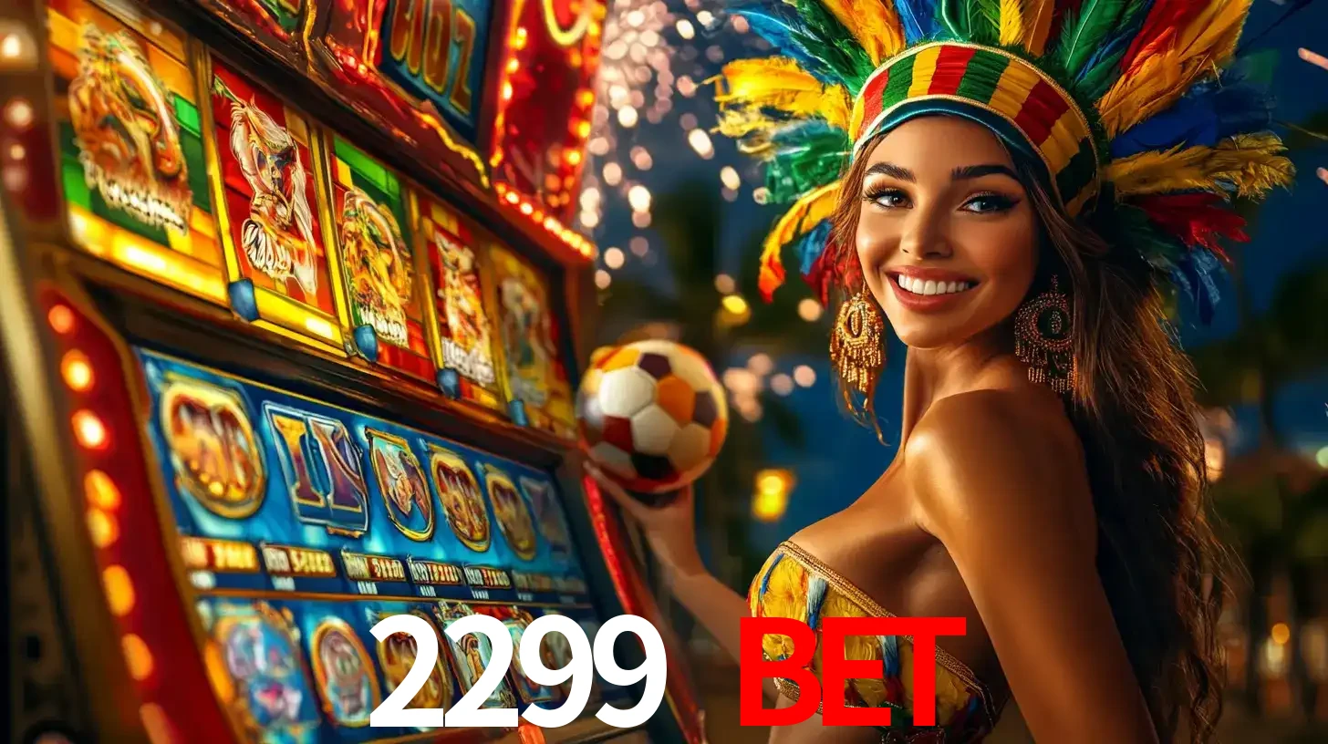 Mulher com um cocar de carnaval ao lado de uma máquina de caça-níqueis enquanto segura uma bola de futebol, mostrando a união da diversão de cassino e esportes no 2299 BET.