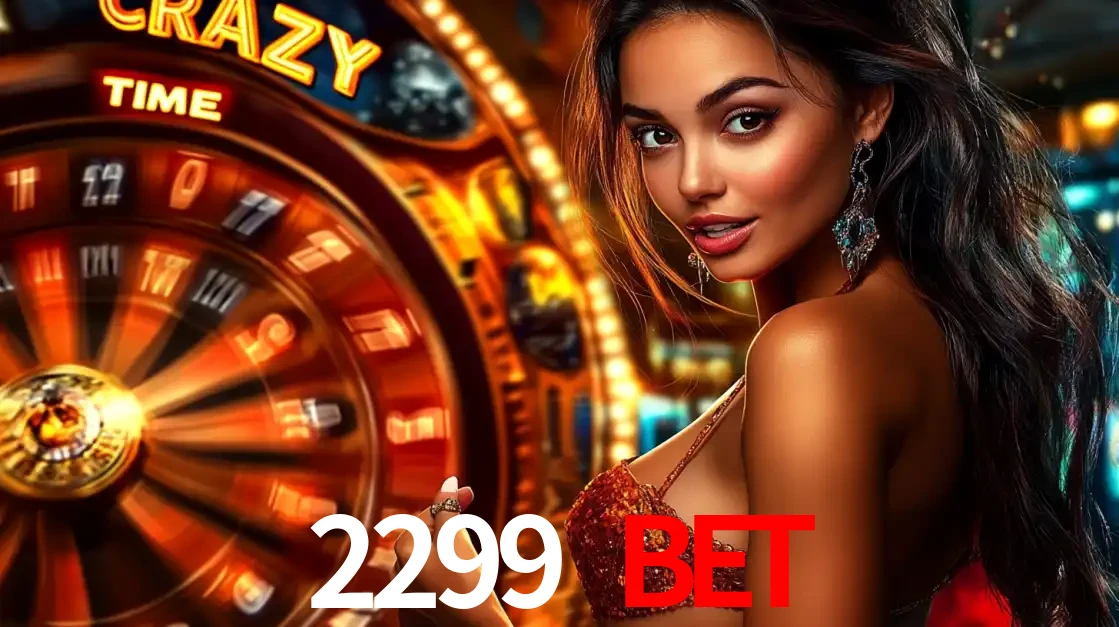 Mulher ao lado da roda de prêmios do jogo de cassino ao vivo Crazy Time, um dos shows de jogos mais emocionantes oferecidos pela plataforma de apostas 2299 BET.