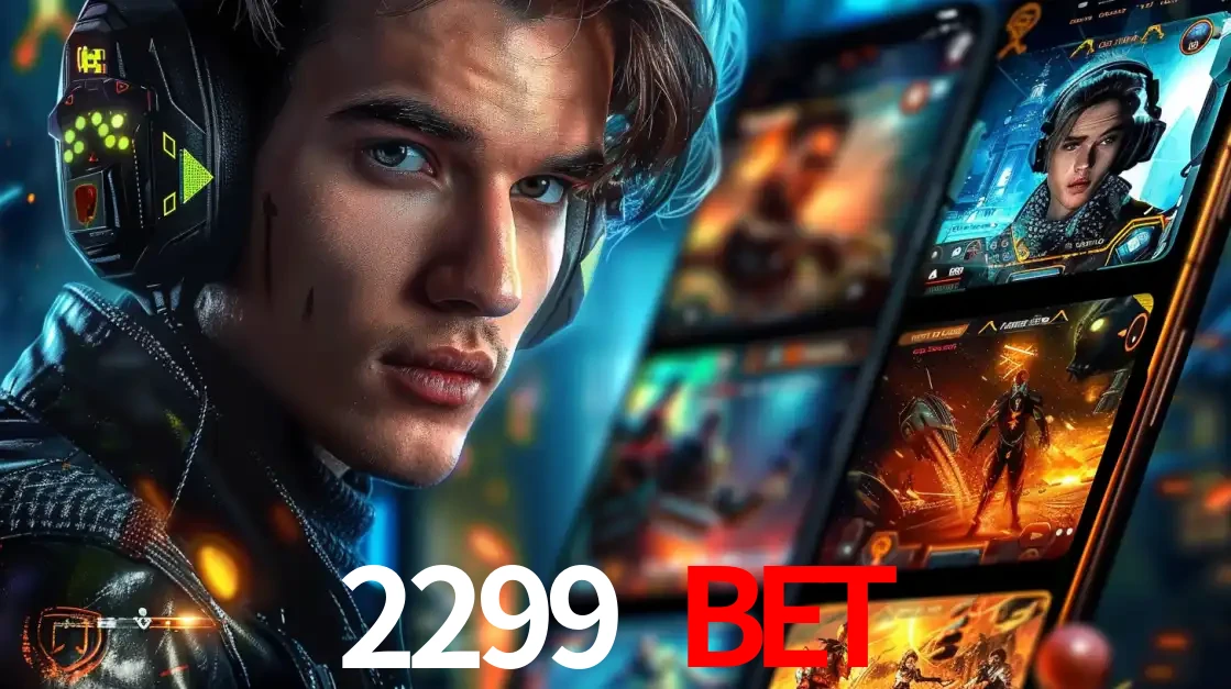 Jovem jogador com fones de ouvido olhando para a câmera, com um aplicativo de jogos e e-sports para celular ao fundo, pronto para a competição e apostas no 2299 BET.