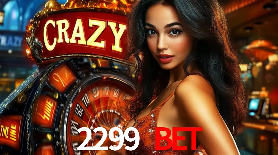 Mulher glamourosa olhando para a câmera com a roda vermelha do Crazy Time ao fundo em um ambiente de cassino, destacando a emoção dos jogos ao vivo no 2299 BET.