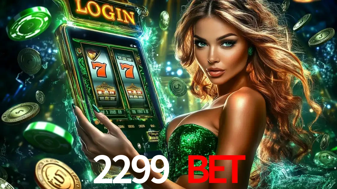 Mulher com tema verde apresentando o aplicativo do cassino 2299 BET com um jogo de slot de 777, cercada por fichas de cassino e uma aura de sorte.