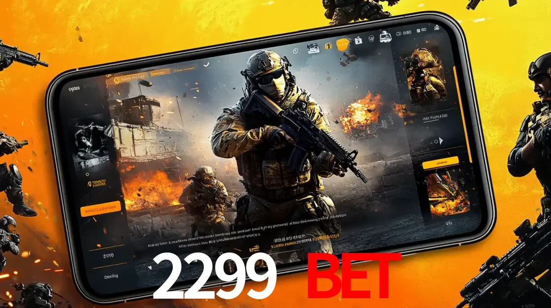 Um smartphone exibindo a interface de um jogo de tiro em primeira pessoa, com um soldado em um cenário de batalha, representando a ação dos e-sports para apostar no 2299 BET.