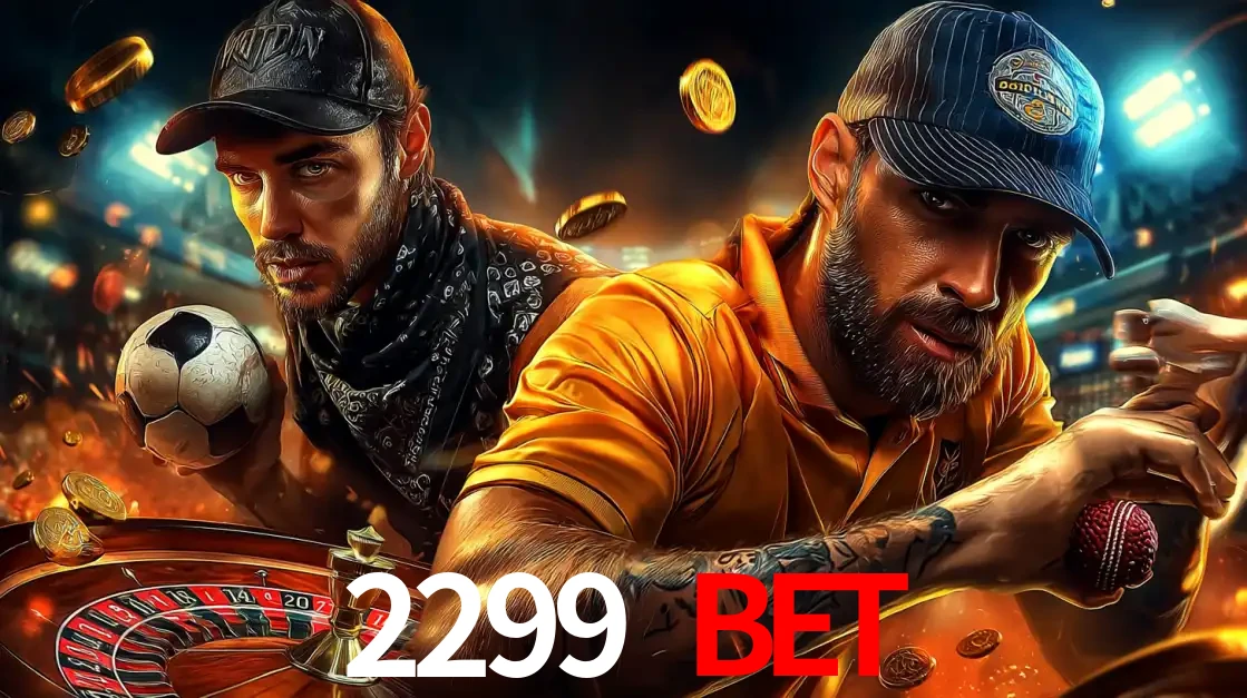 Montagem de apostas esportivas e cassino no 2299 BET, com um homem segurando uma bola de futebol e outro uma de beisebol sobre uma roleta e moedas voadoras.