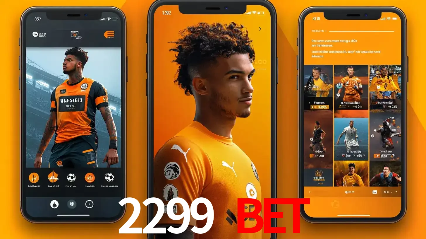 Interface do aplicativo de apostas esportivas 2299 BET em três telas de celular, mostrando o perfil de um jogador de futebol e a lista de jogos disponíveis para apostar.
