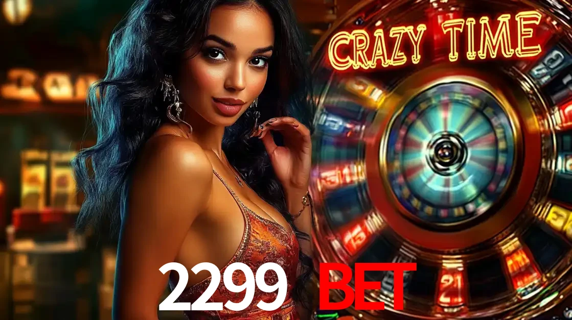 Mulher elegante ao lado da vibrante roda da fortuna do jogo de cassino ao vivo Crazy Time, um dos game shows mais populares e cheios de prêmios do 2299 BET.