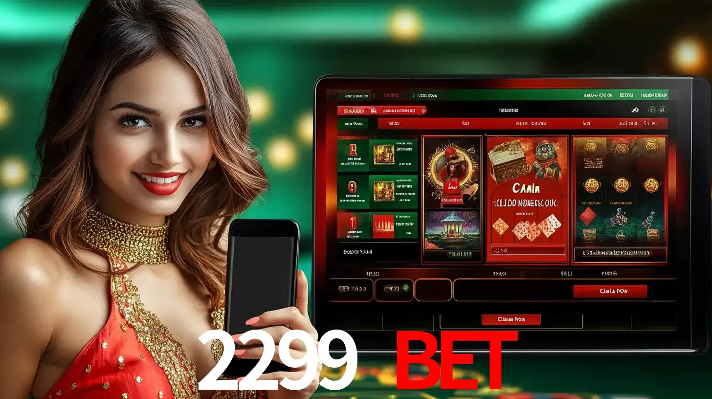 Mulher sorridente segurando um smartphone, ao lado de uma tela exibindo o lobby de jogos do cassino online 2299 BET, com várias opções de jogos de cartas e slots.
